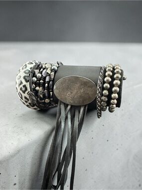 Boho Mixed Media Leather Cuff Bracelet Stack Silver Bead Fringe Animal Print